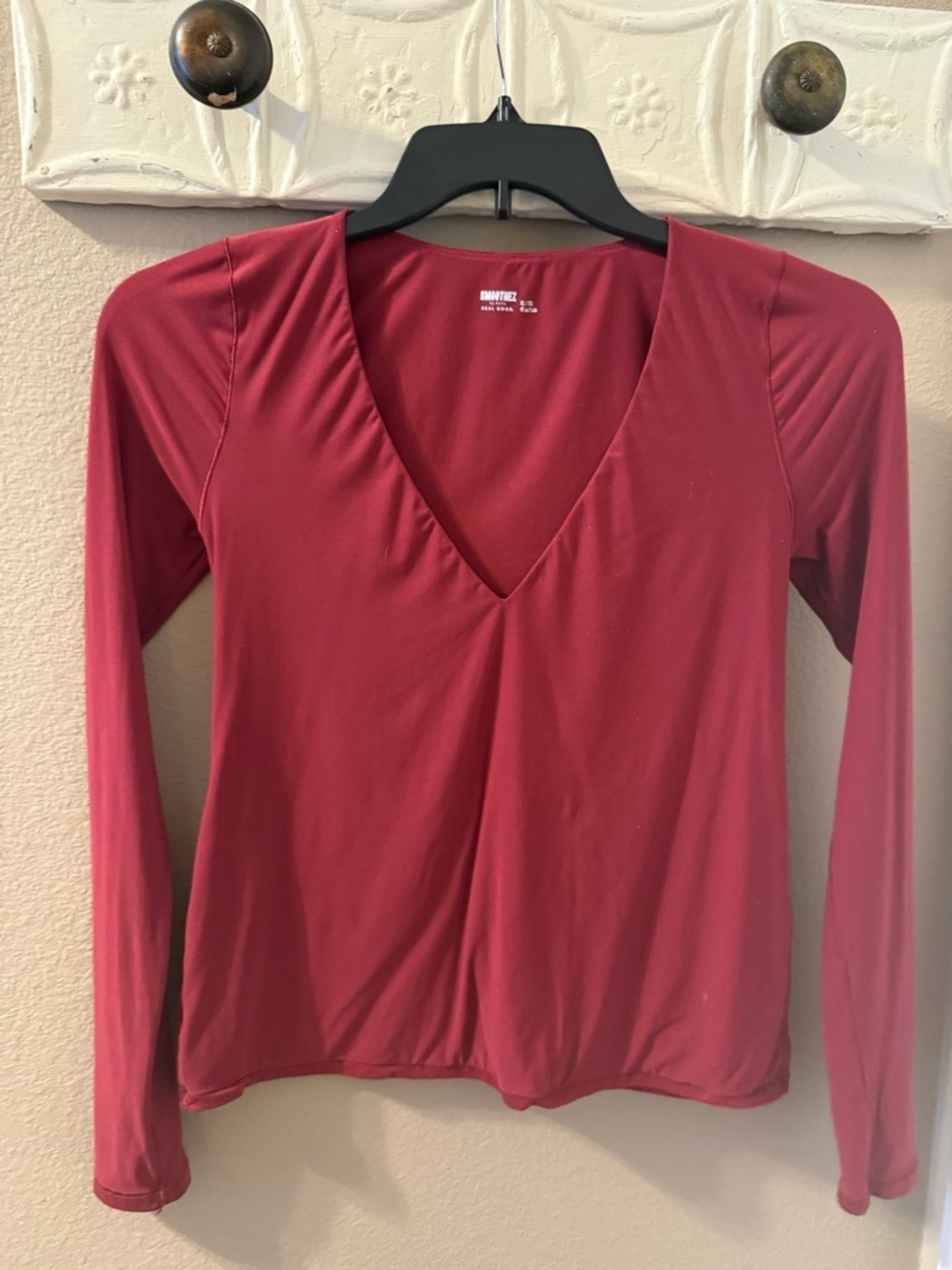 aerie Burgundy Long Sleeve Deep V-Neck Top